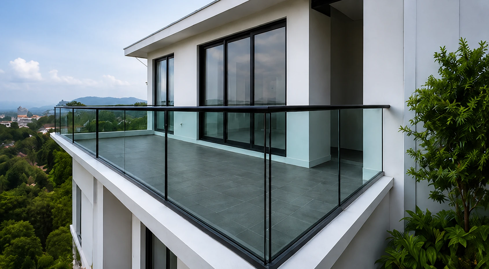 Installed architectural glass balustrade — AI-enhanced illustrative preview